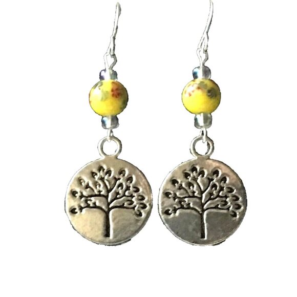 Vintage Tree of Life Murano Art Glass Bead Earrings Yellow Red Silver Plated - Picture 9 of 10